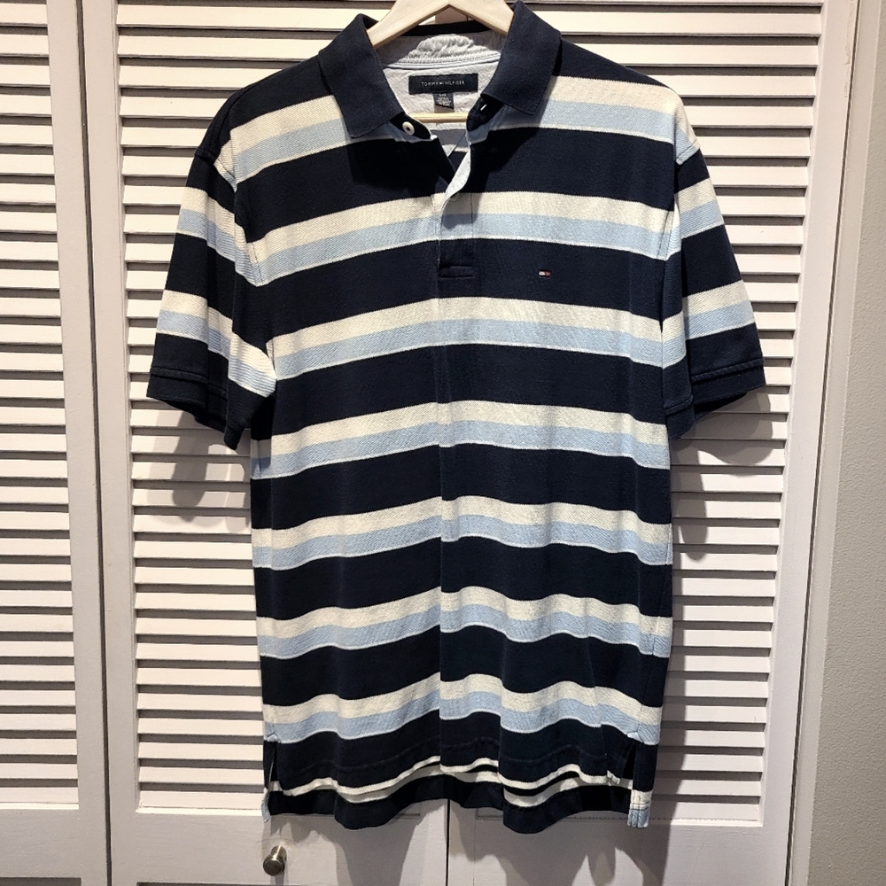 Tommy Hilfiger Knit Polo Mens Size L Striped Blue and White. Very good condition
